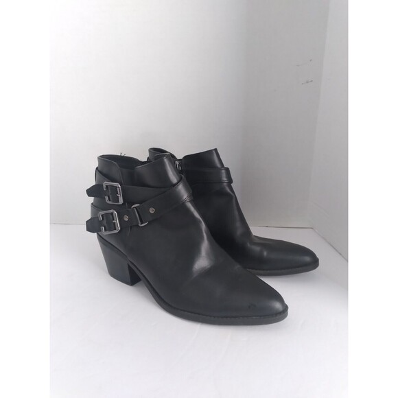 Buckle‎ Ankle Boots Stacked Heel Pointed Toe Black Booties - Picture 1 of 5